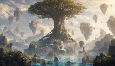 Fantasy Sky Islands with a Giant Tree (AI-generated)