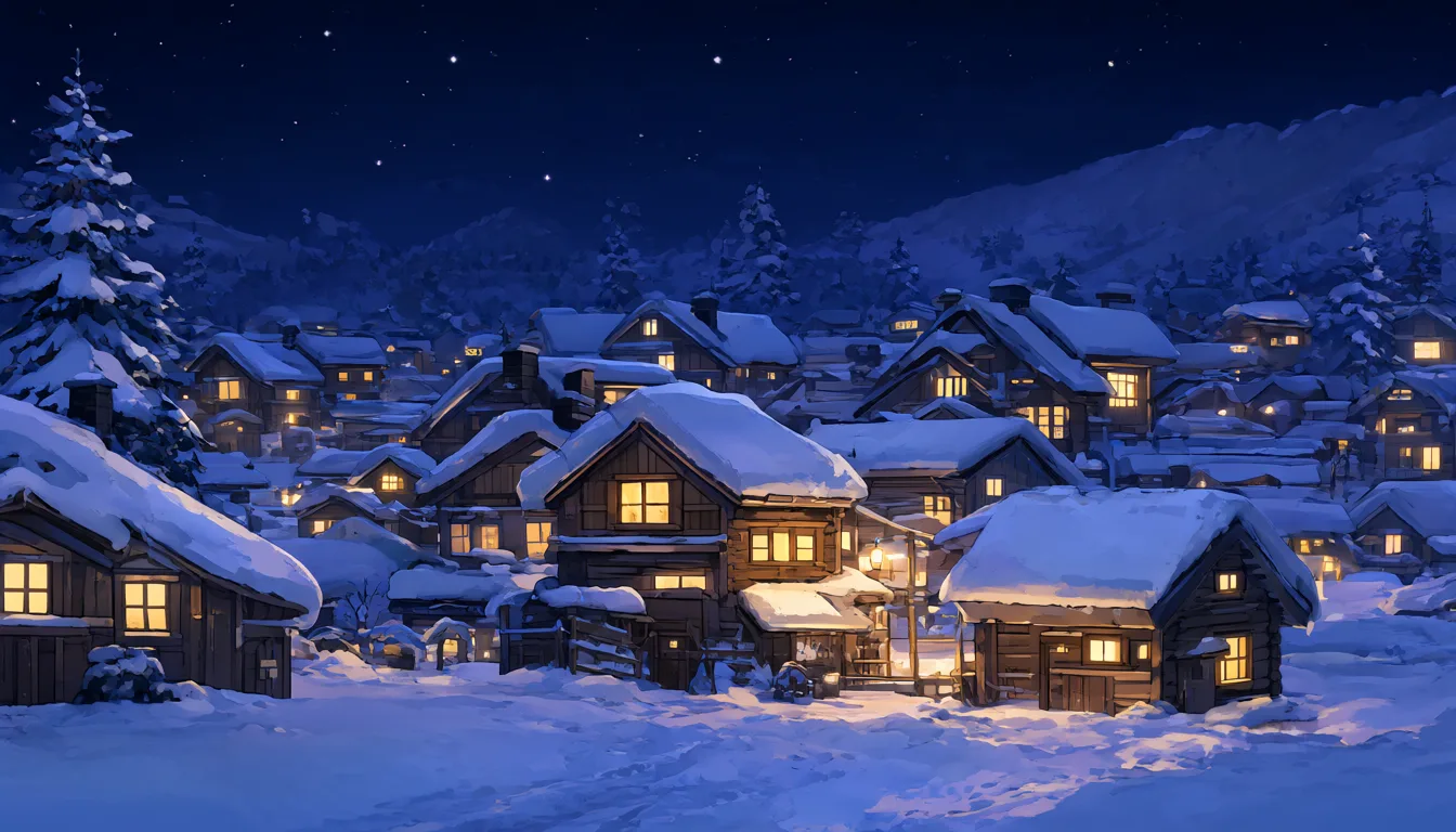 Anime snow village at night with warm glowing windows (AI-generated)