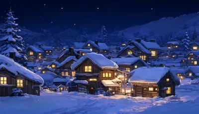 Anime Snow Village at Night (AI-generated)