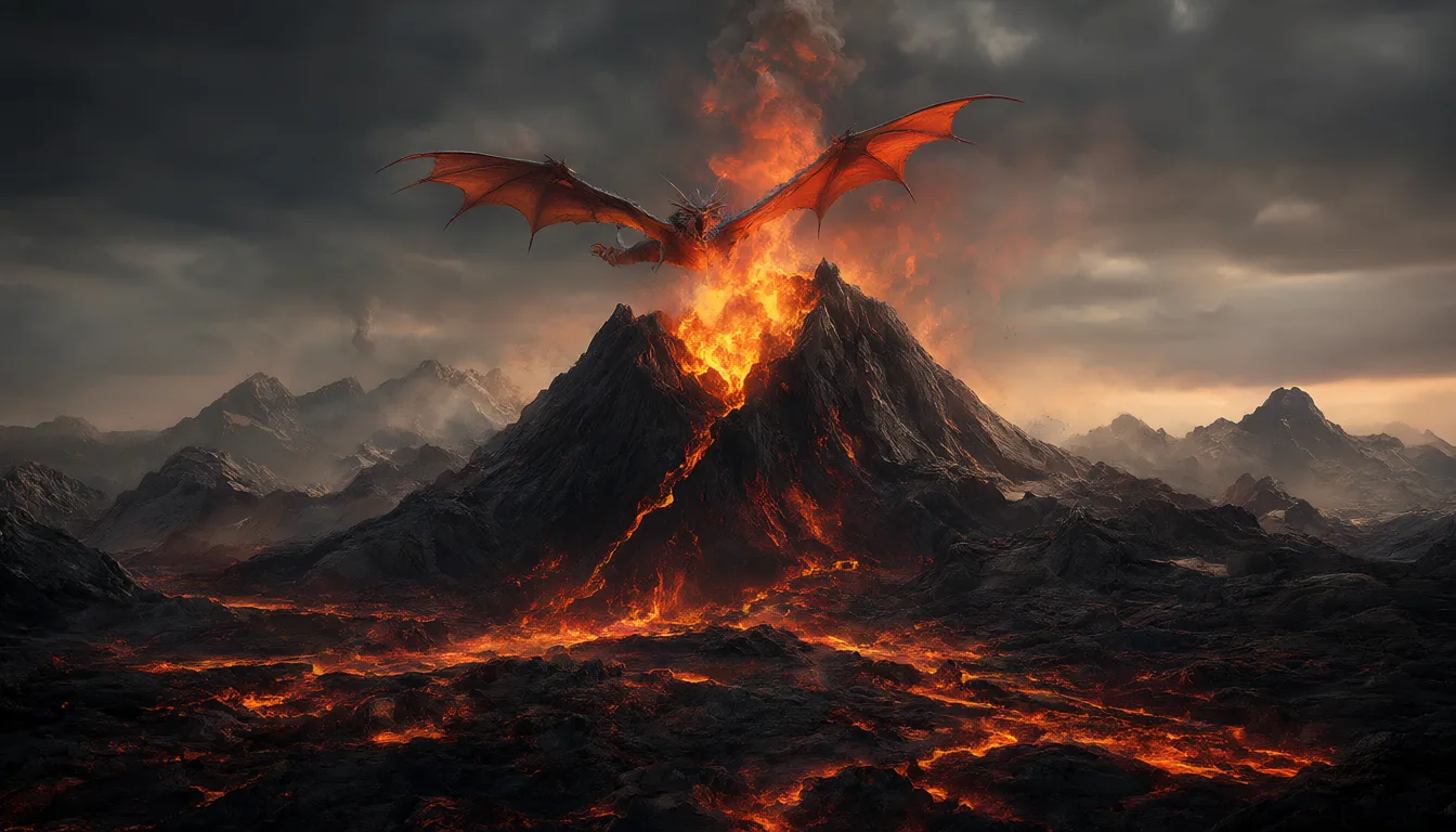 Fantasy dragon flying over a glowing volcano (AI-generated)