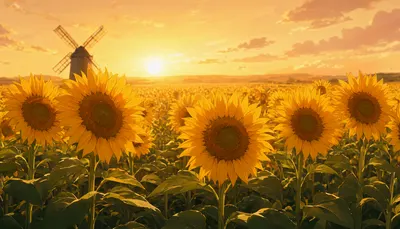 Anime Sunflower Field at Sunset (AI-generated)