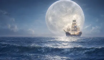 Fantasy Moonlit Ocean with a Glowing Ship (AI-generated)