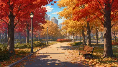 Anime Autumn Park with a Bench (AI-generated)