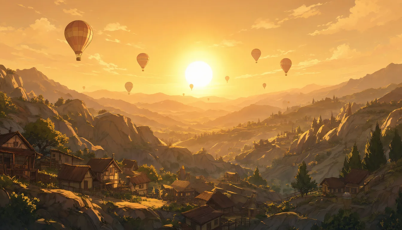 Anime mountain village at sunset with hot air balloons (AI-generated)