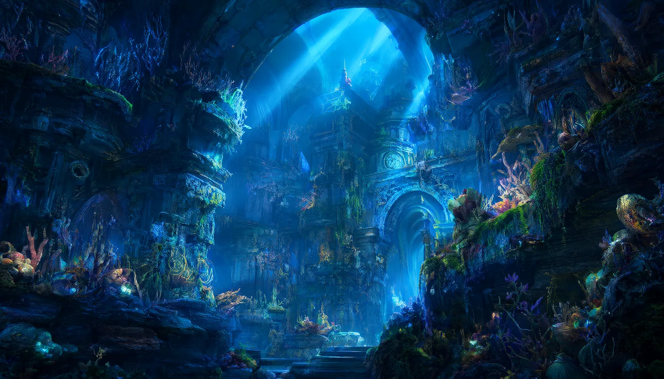 Fantasy underwater palace with glowing corals (AI-generated)