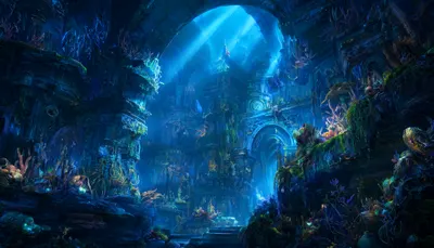 Fantasy Underwater Palace with Glowing Corals (AI-generated)