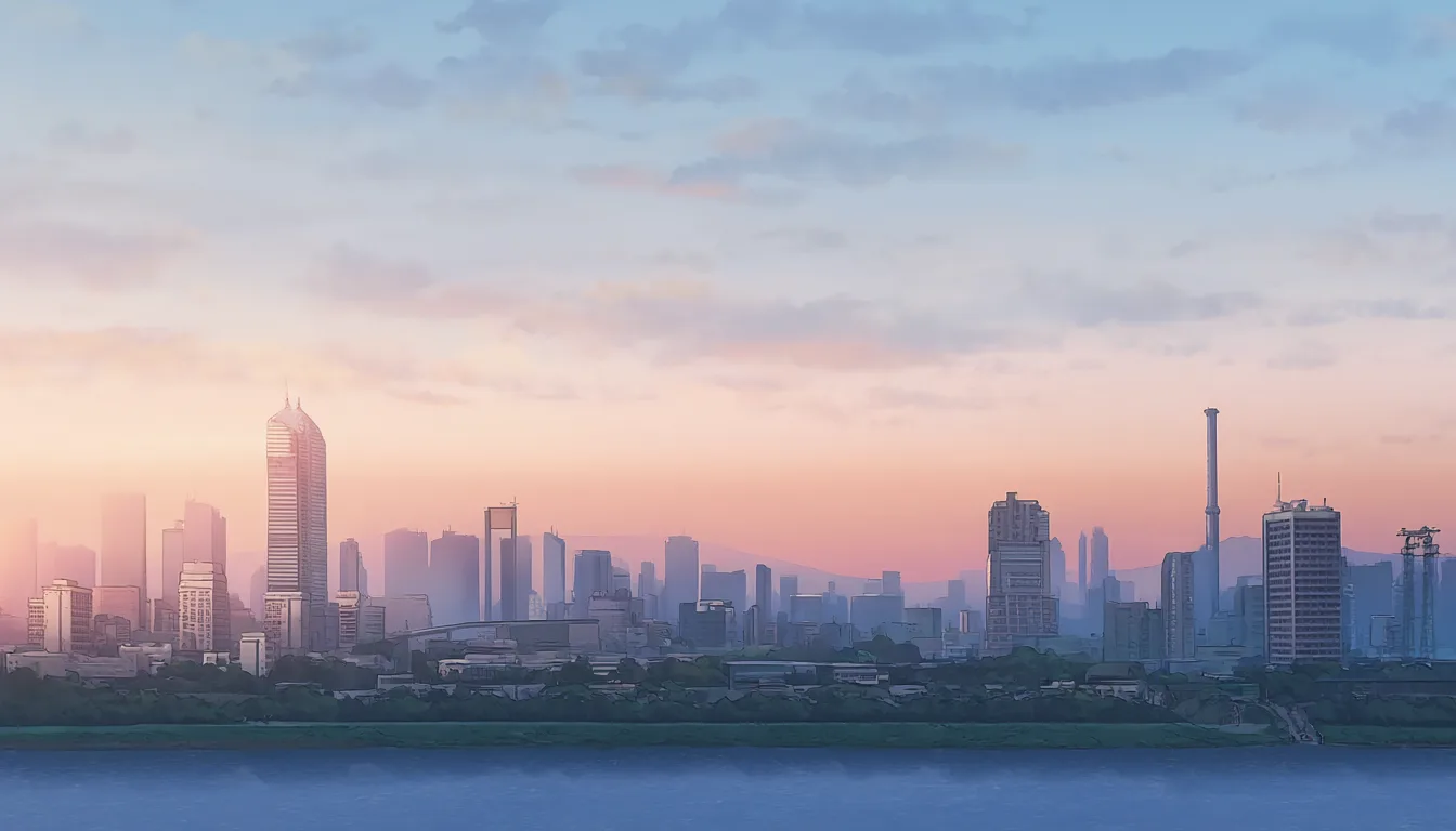 Anime city skyline at dawn with a calm river (AI-generated)