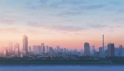 Anime City Skyline at Dawn with a River (AI-generated)