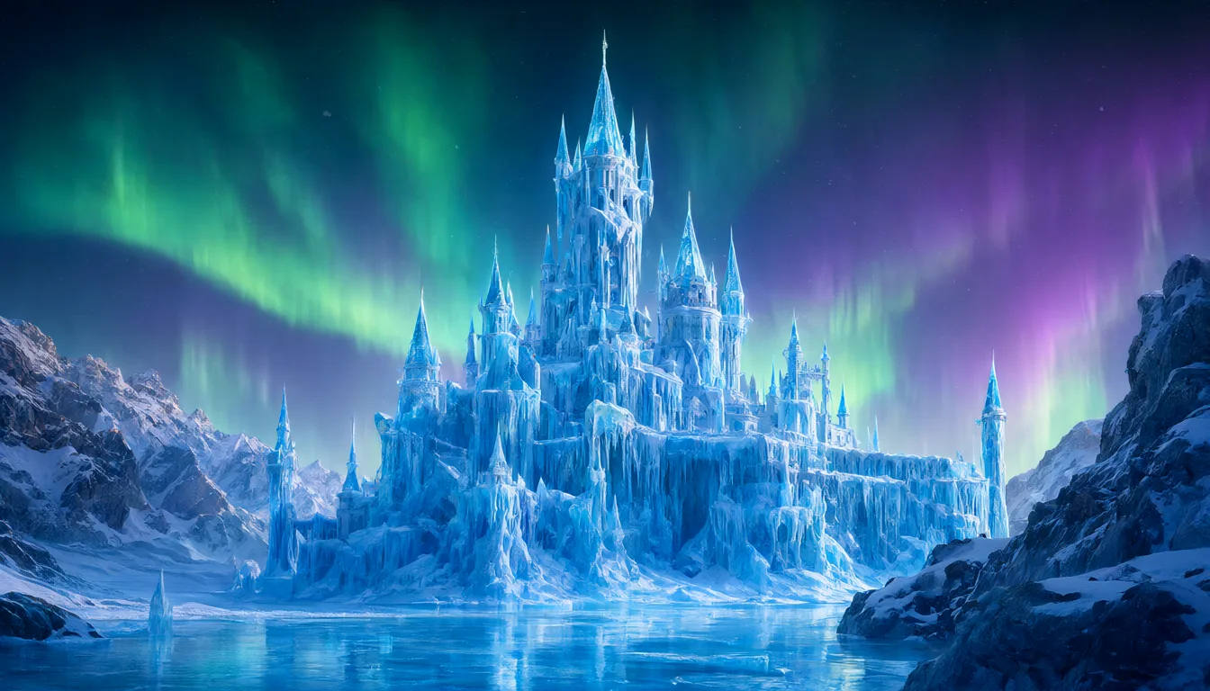 Fantasy frozen castle under aurora (AI-generated)
