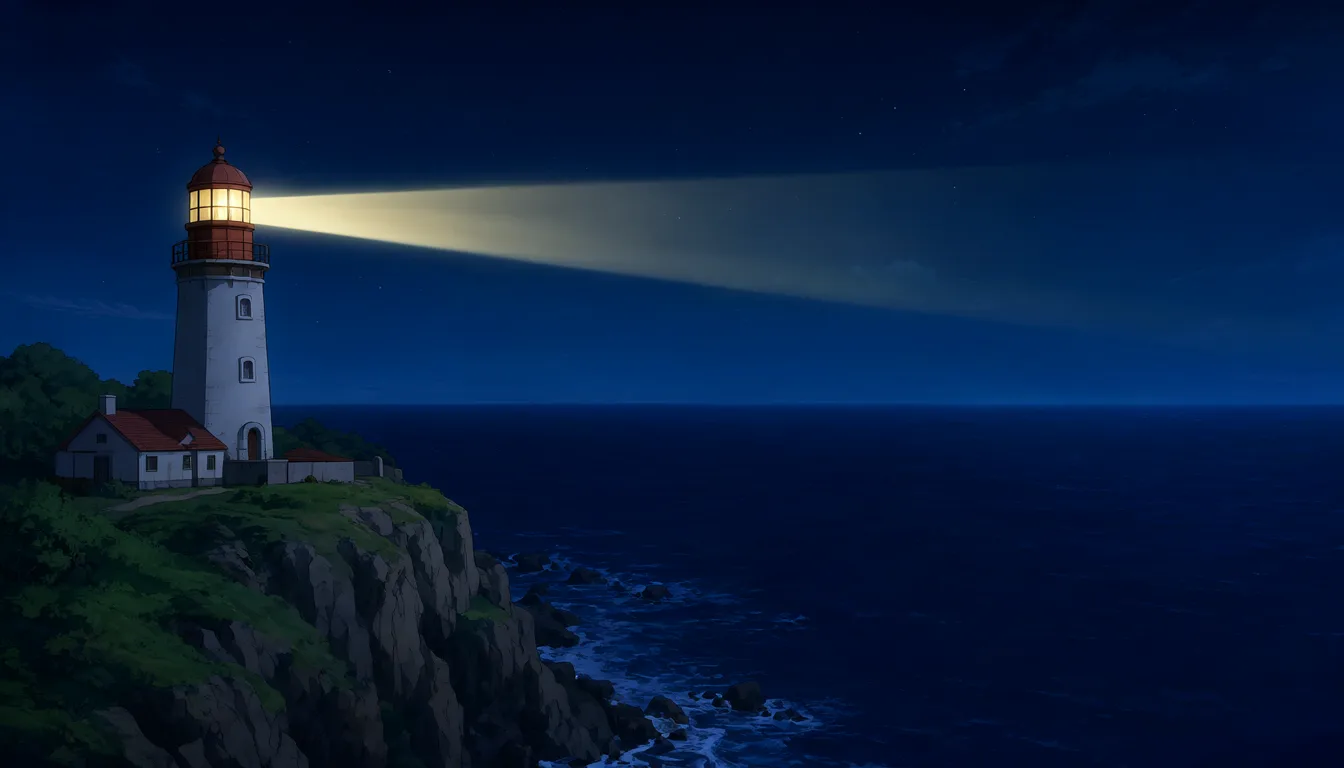 Anime lighthouse on a cliff at night with a sweeping beam (AI-generated)