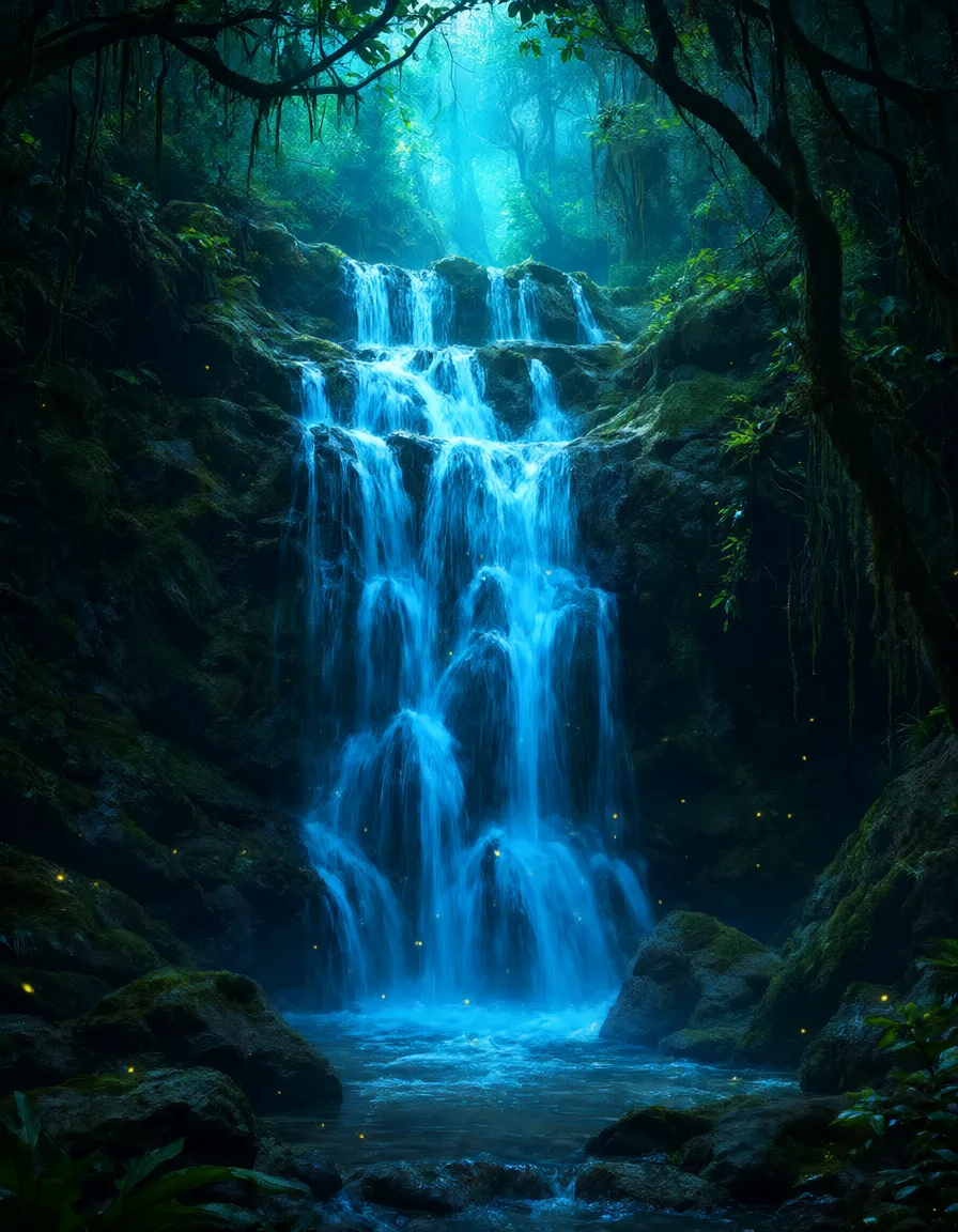 Fantasy glowing waterfall in a forest (AI-generated)
