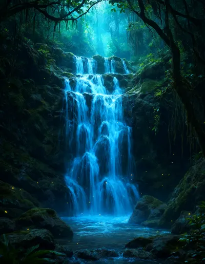Fantasy Glowing Waterfall Forest (AI-generated)
