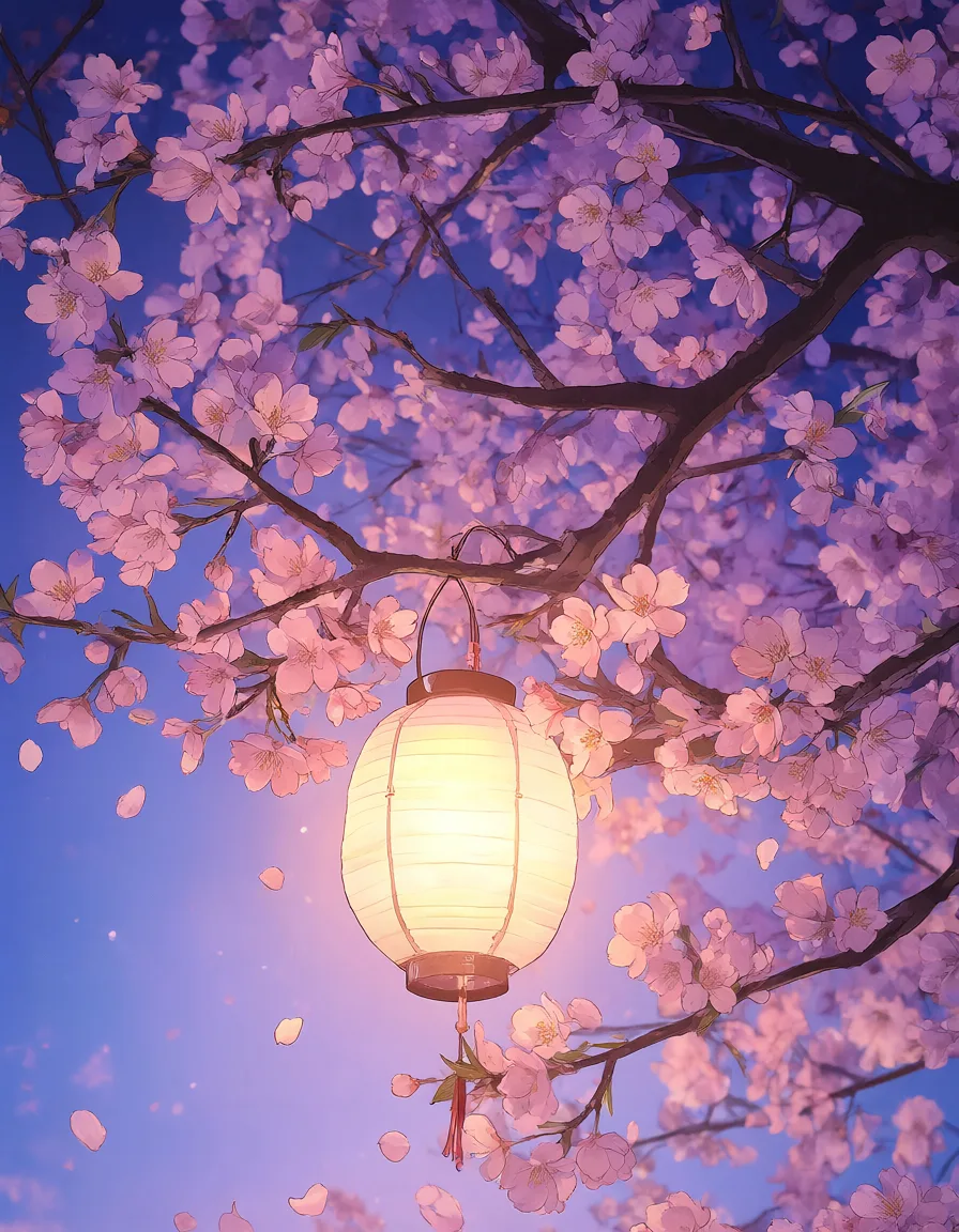 Anime sakura branch with a glowing paper lantern (AI-generated)