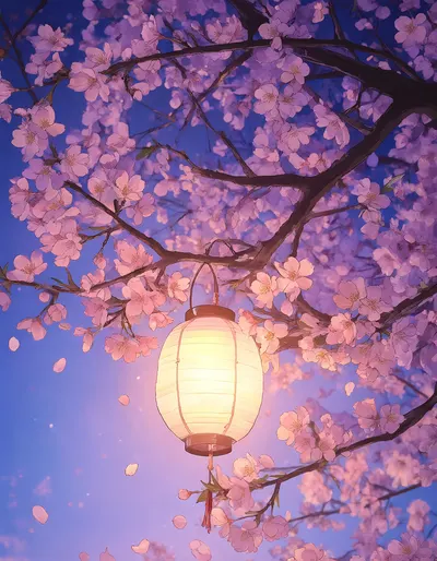 Anime Sakura Branch with a Glowing Lantern (AI-generated)