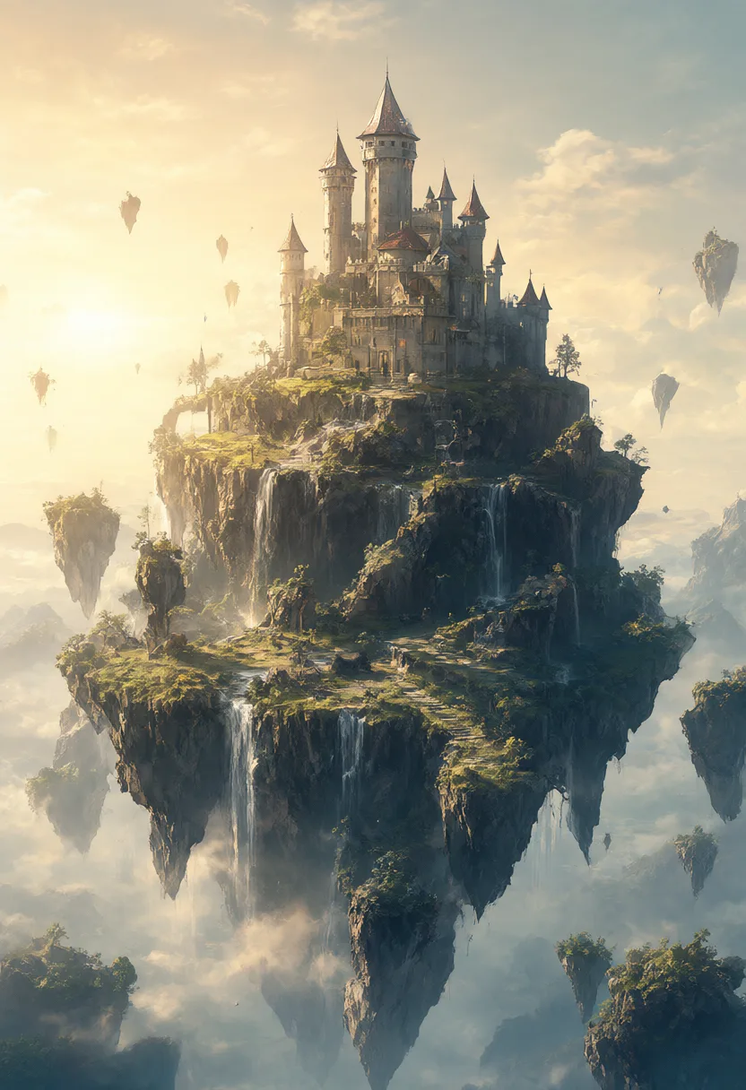 Fantasy floating island with a castle and waterfalls (AI-generated)