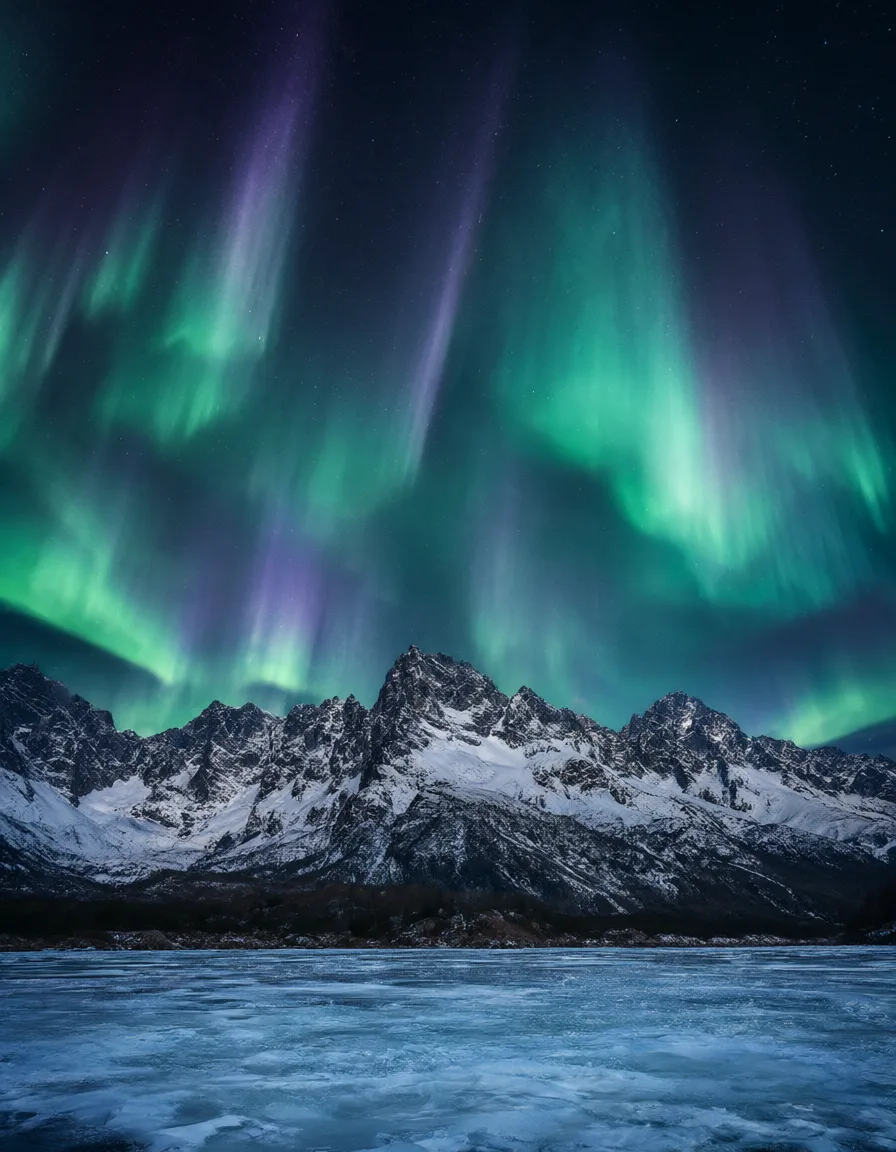 Fantasy aurora over snowy mountains and a frozen lake (AI-generated)