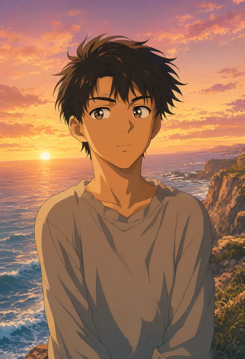 Anime ocean sunset viewed from a cliff (AI-generated)