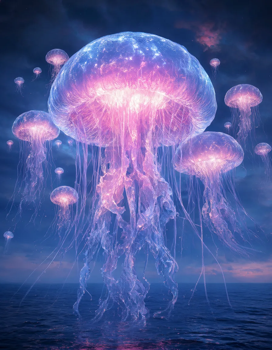 Fantasy floating jellyfish in a twilight sky (AI-generated)