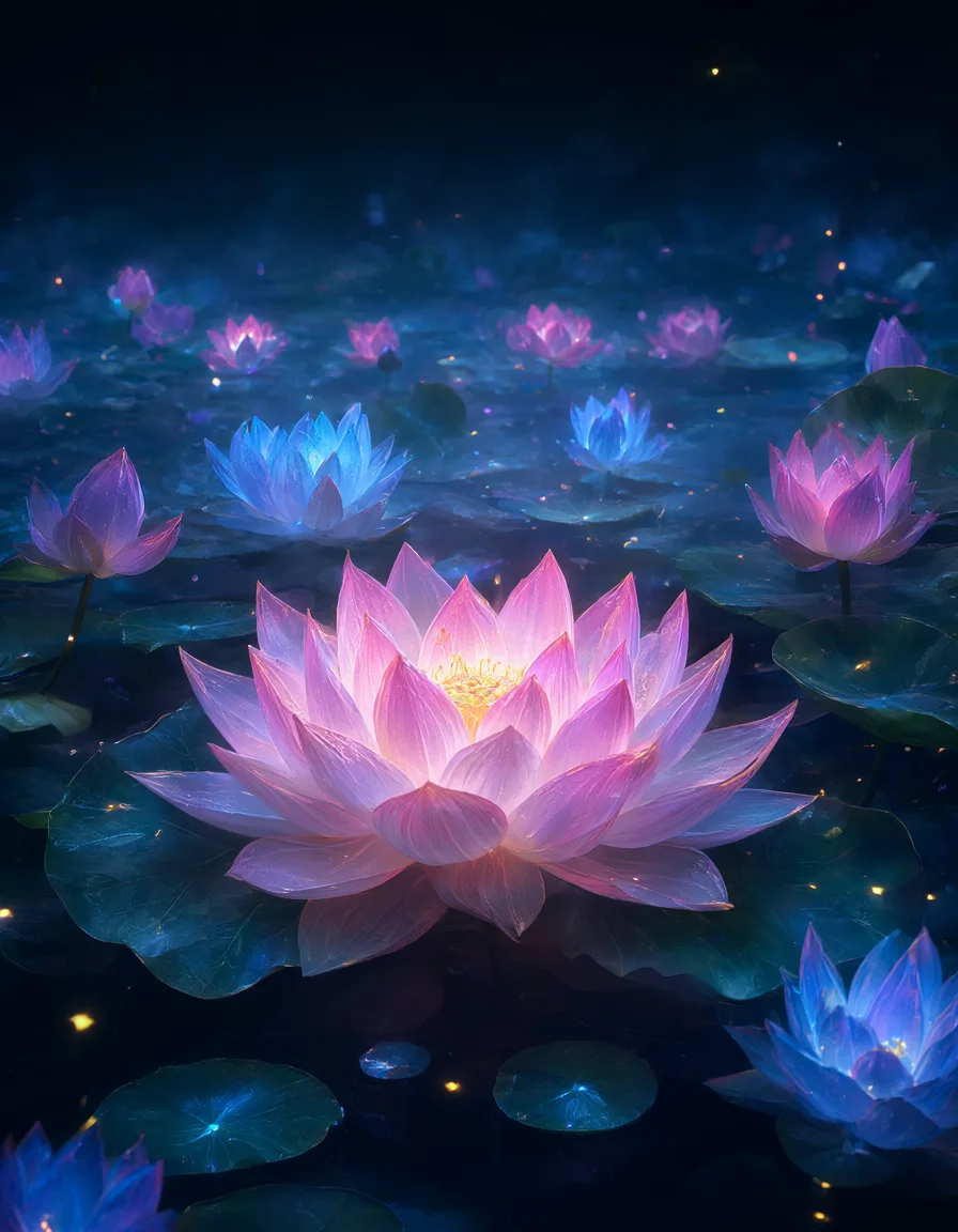 Fantasy glowing lotus pond at night (AI-generated)