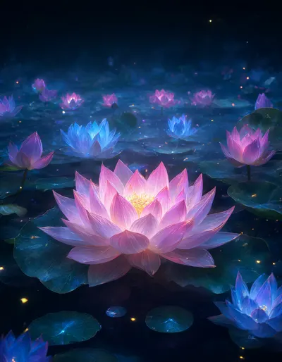 สระบัวเรืองแสงแฟนตาซี (สร้างด้วย AI)