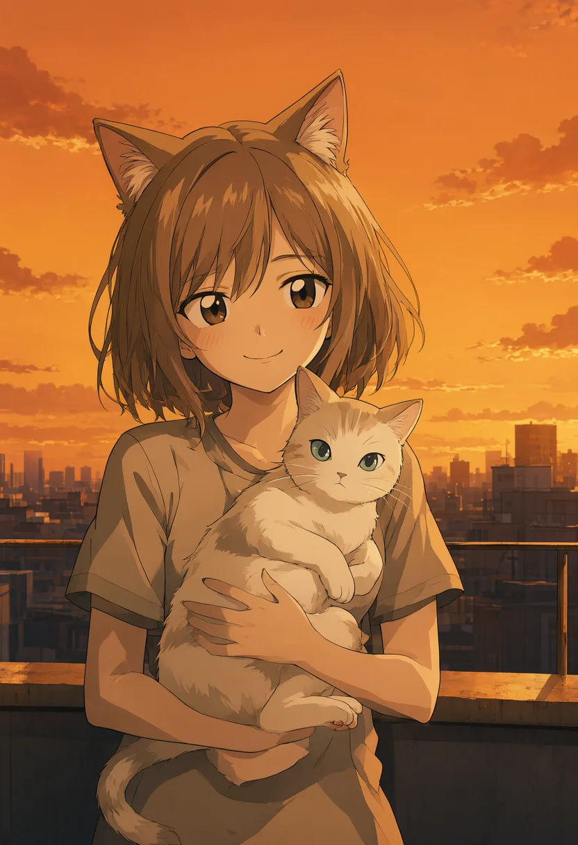 Anime girl and cat on a rooftop at sunset (AI-generated)