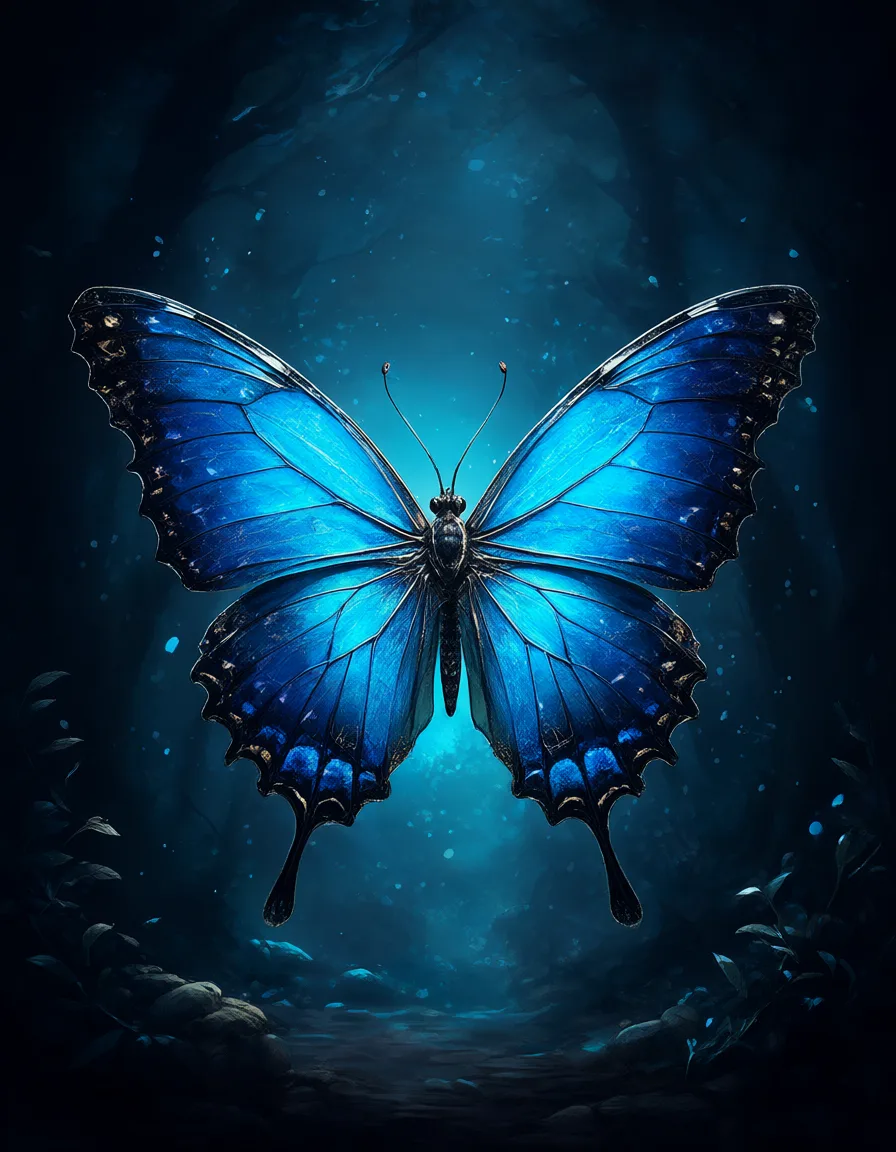 Fantasy crystal butterfly in a dark forest (AI-generated)