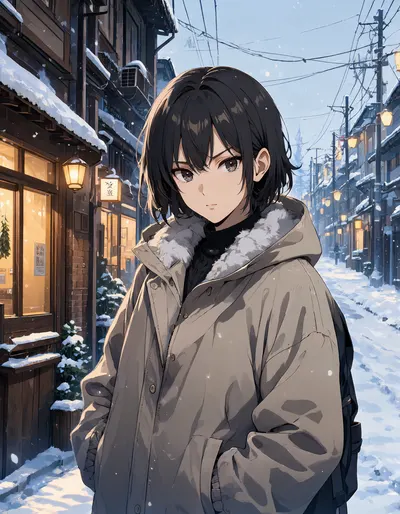 Anime Snowy Street with Warm Shop Lights (AI-generated)