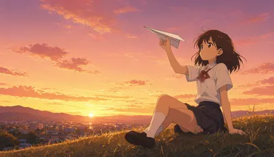 Anime Girl with a Paper Plane at Sunset (AI-generated)