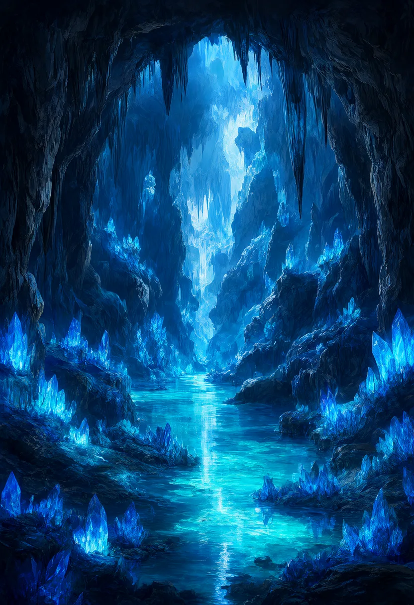 Fantasy glowing cave with a clear river (AI-generated)