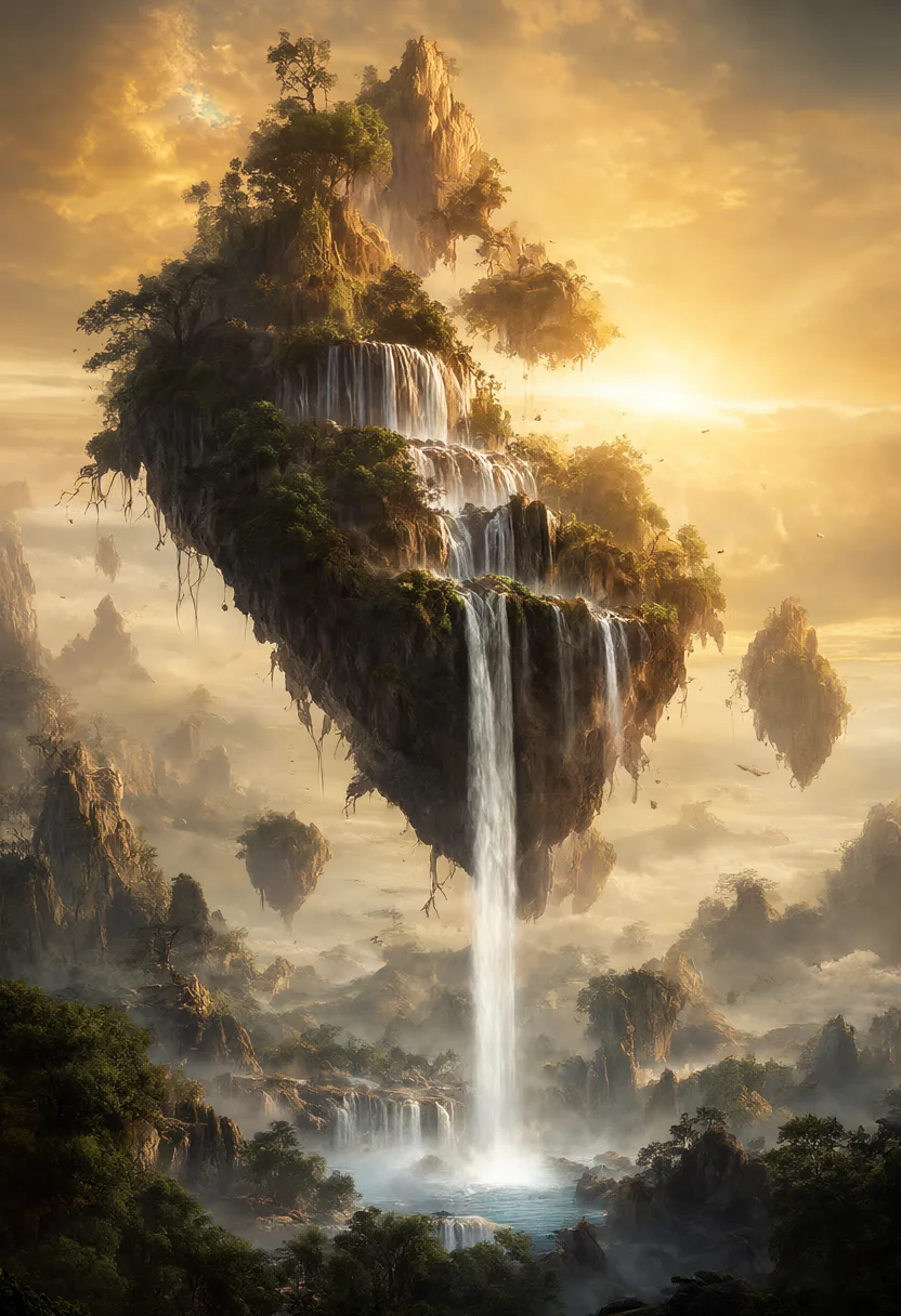Fantasy floating islands with a waterfall at sunset (AI-generated)