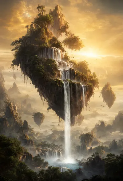 Fantasy Floating Islands with a Waterfall (AI-generated)