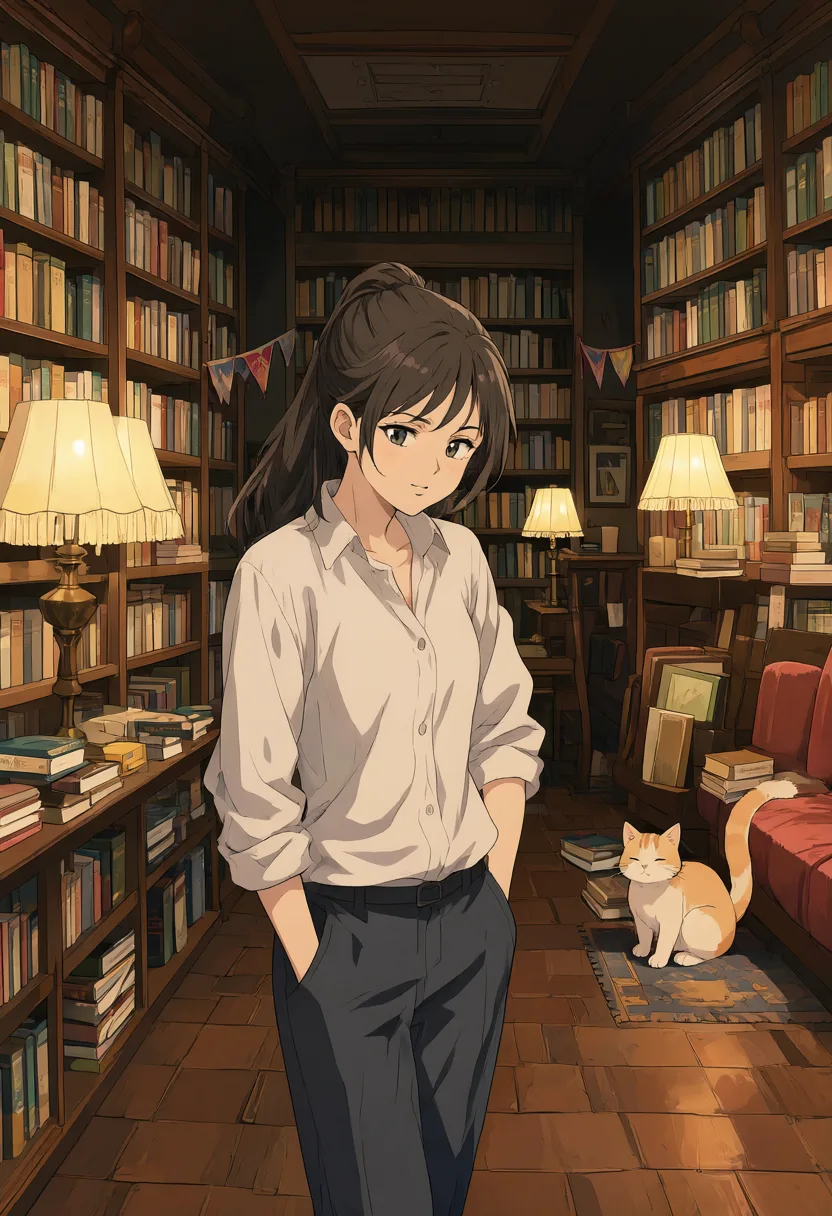 Anime cozy library with tall shelves and a cat (AI-generated)
