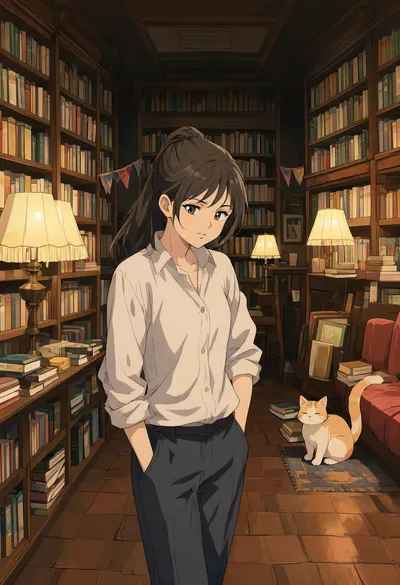 ห้องสมุดอบอุ่นอนิเมะพร้อมแมว (สร้างด้วย AI)