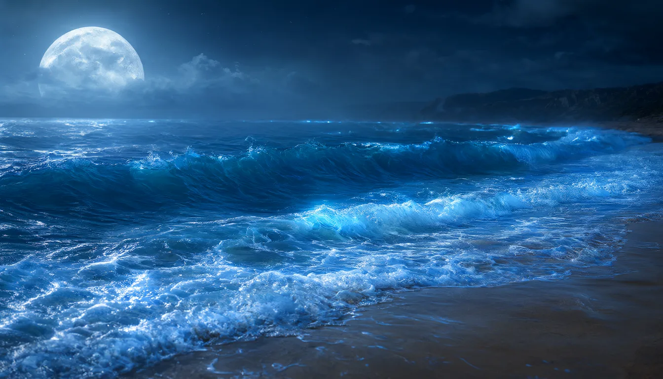 Fantasy moonlit beach with glowing waves (AI-generated)