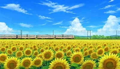 Anime Train Crossing a Sunflower Field (AI-generated)