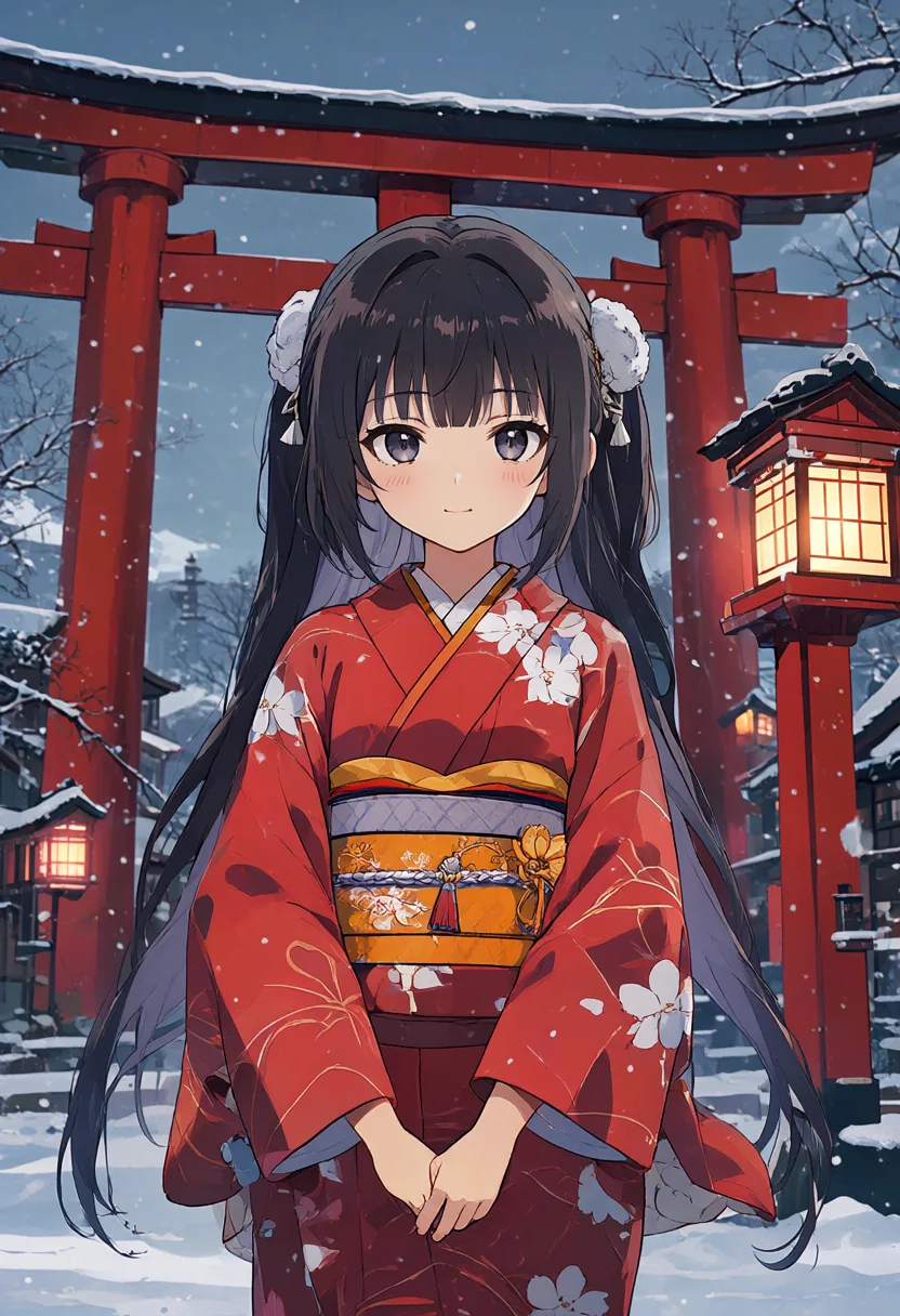 Anime girl at a red torii gate in the snow (AI-generated)