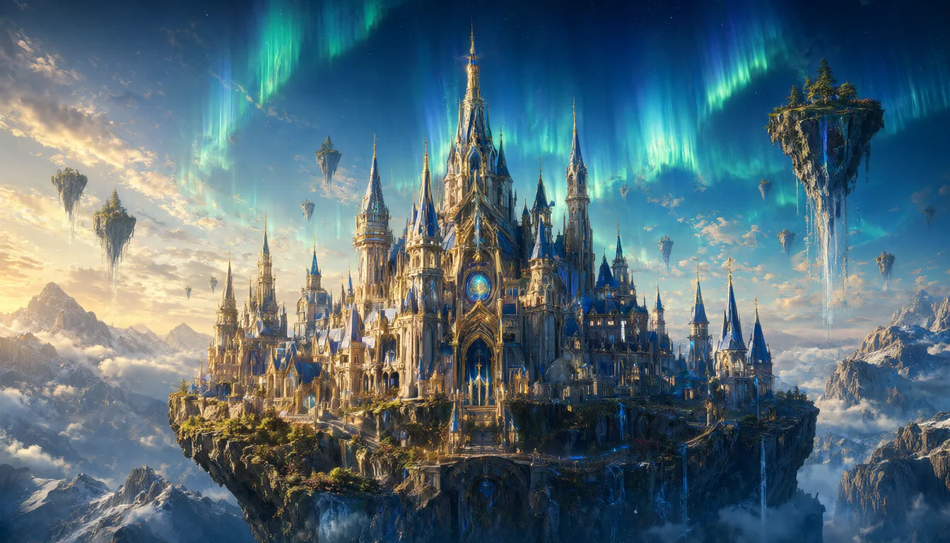 Fantasy sky castle with aurora and floating islands (AI-generated)
