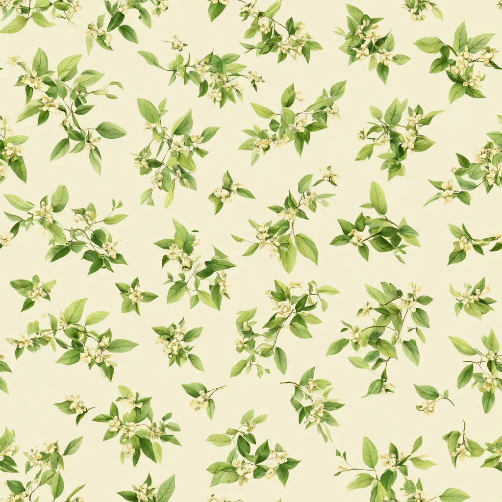 Seamless green leaf pattern with cream flowers (AI-generated)
