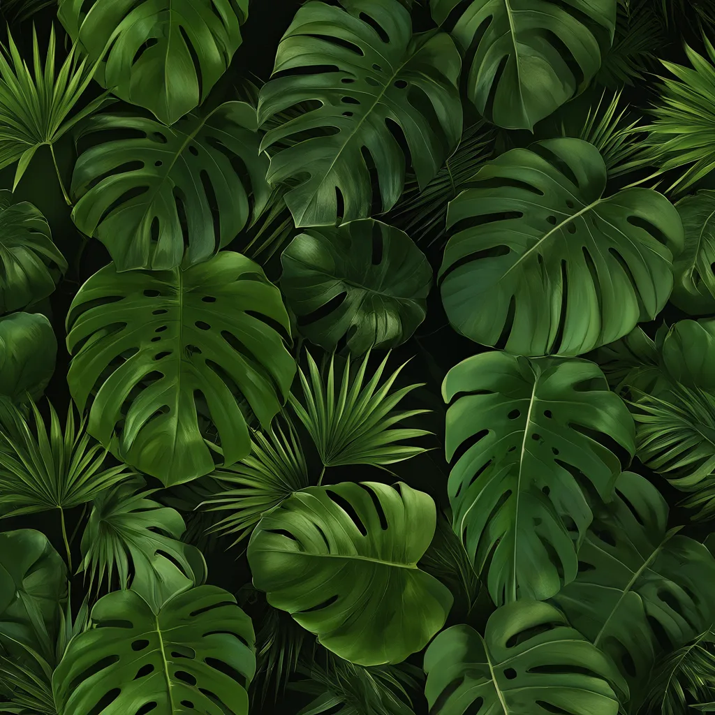 Seamless tropical monstera and palm leaf pattern (AI-generated)