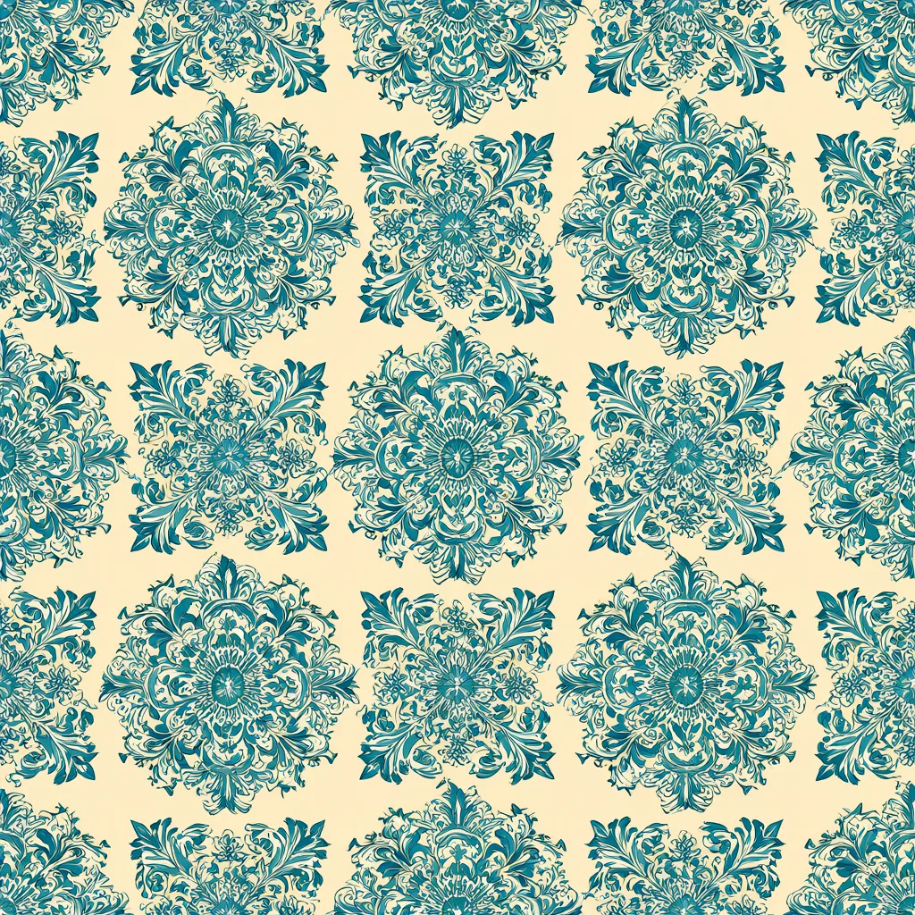 Seamless teal damask pattern on cream (AI-generated)