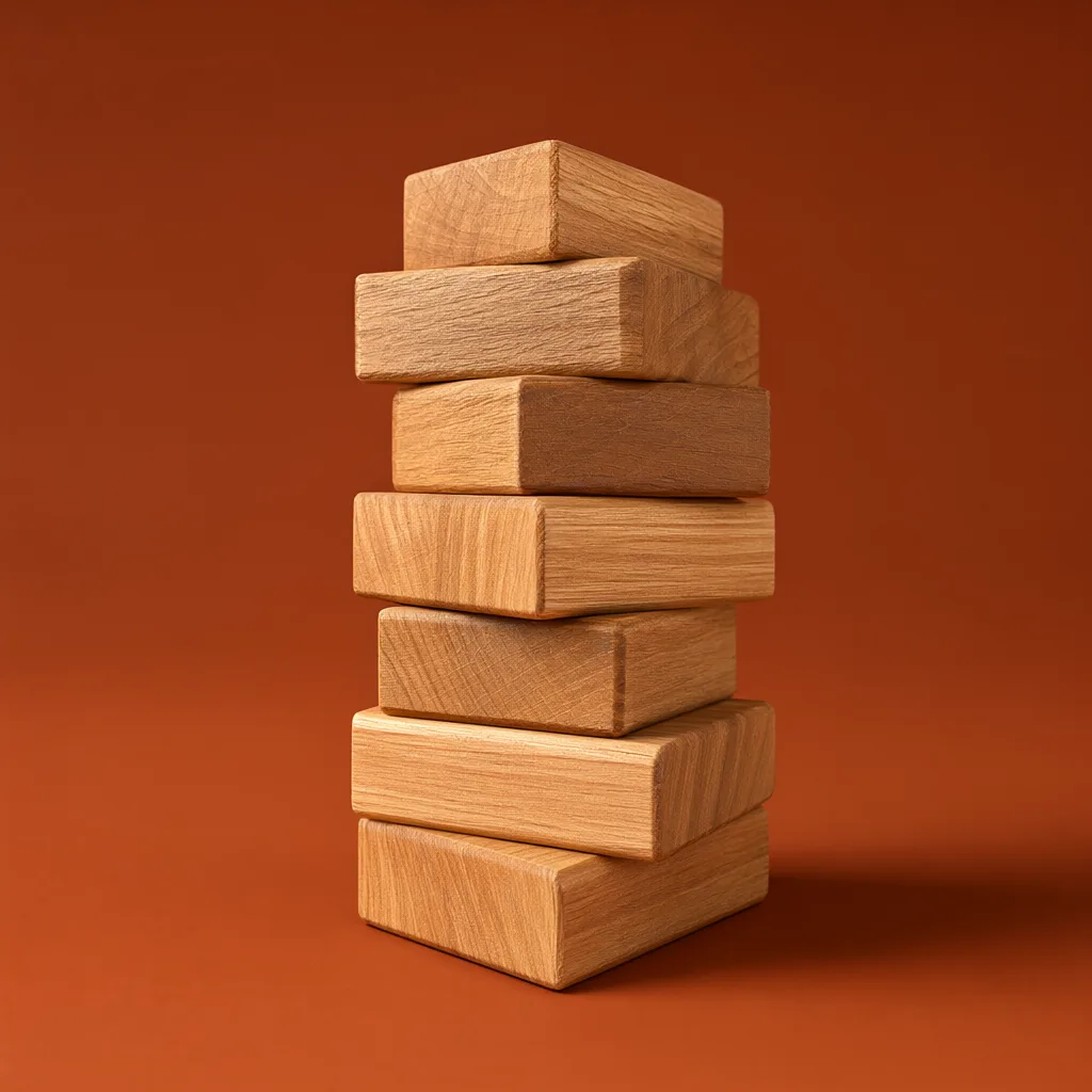 3D stacked wooden toy blocks on mustard background (AI-generated)