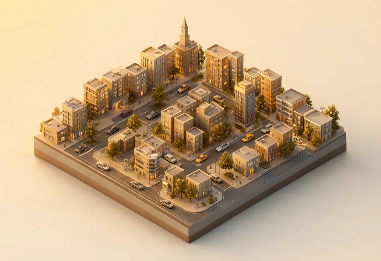 3D isometric city block at sunset (AI-generated)