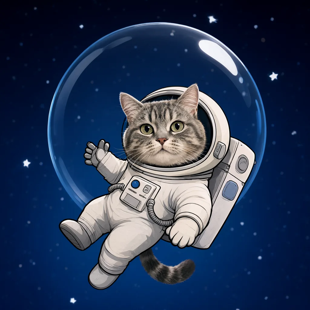 Cartoon cat astronaut floating in space (AI-generated)