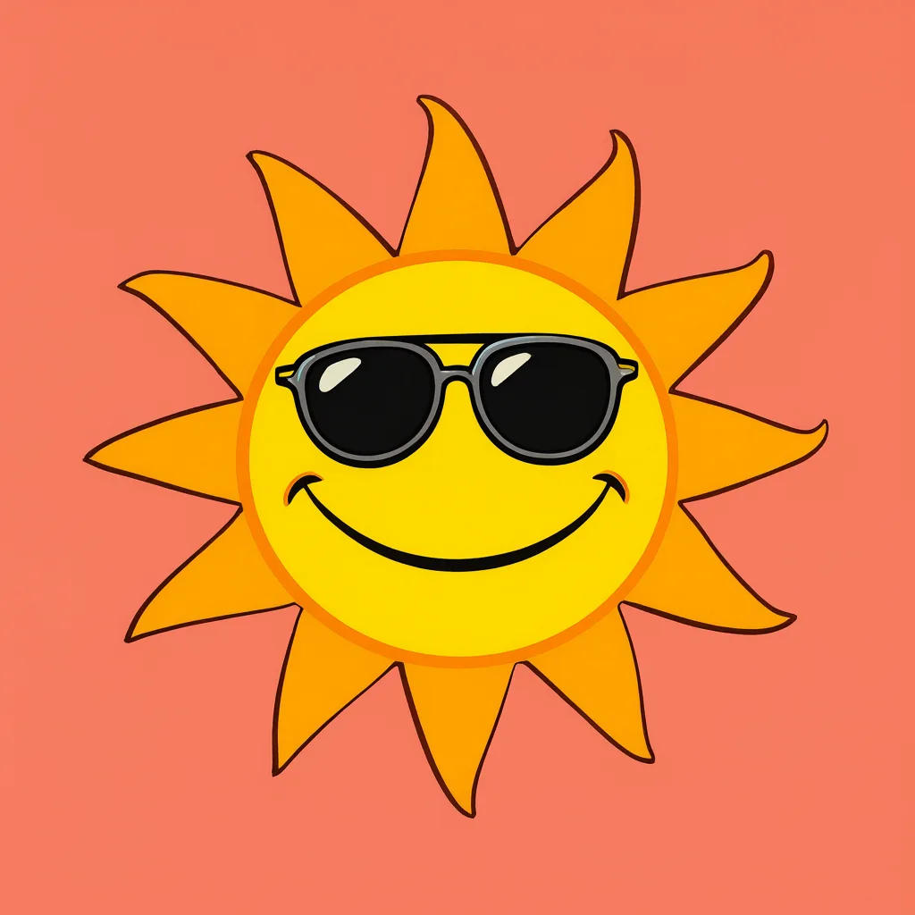 Retro cartoon smiling sun with sunglasses (AI-generated)