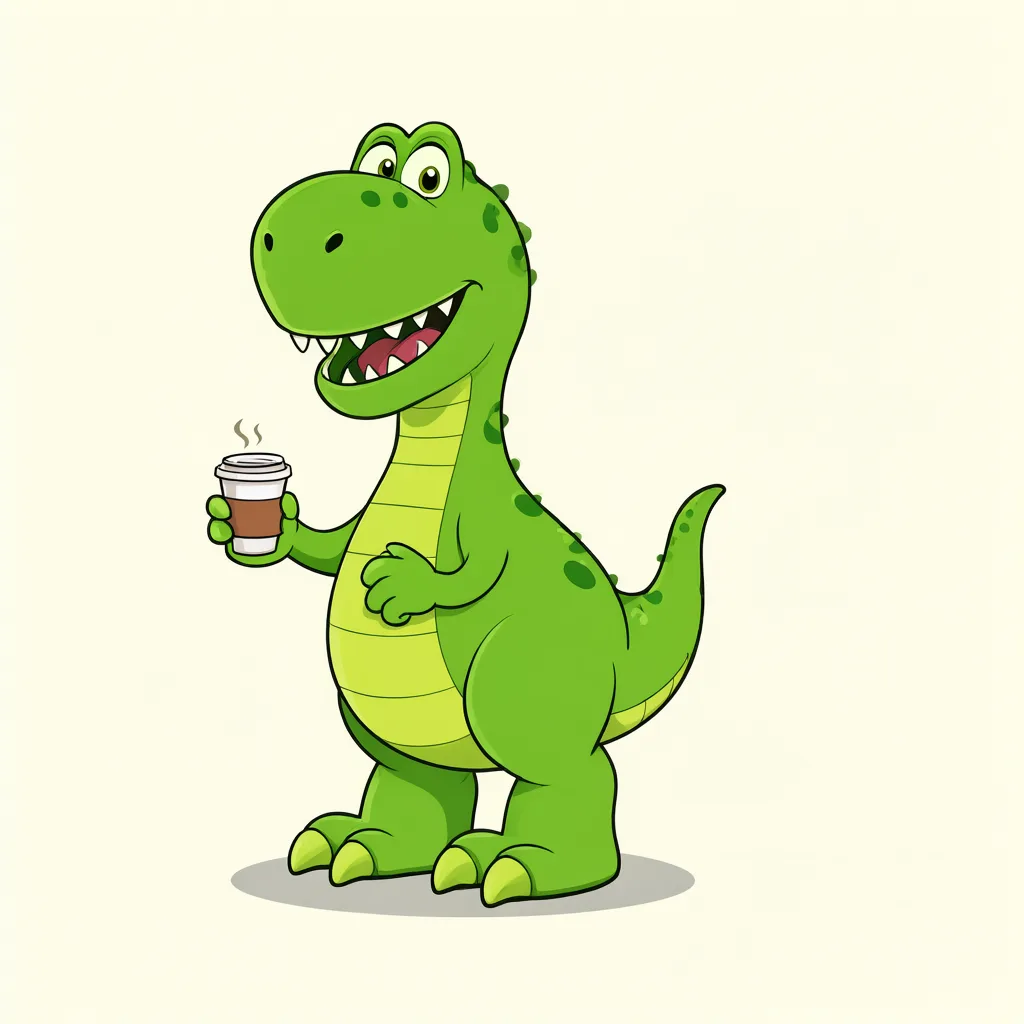 Cartoon green dinosaur holding a coffee cup (AI-generated)