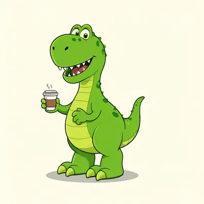 Cartoon Dinosaur Holding Coffee (AI-generated)
