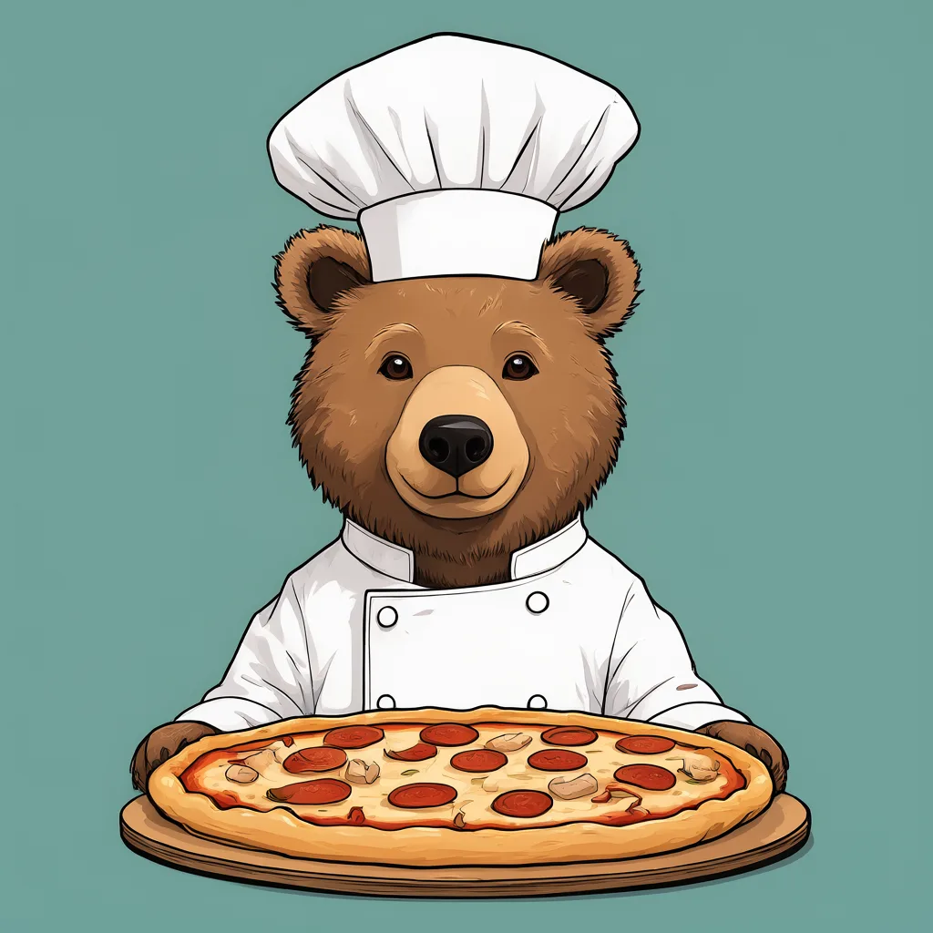 Cartoon bear chef holding a pizza (AI-generated)