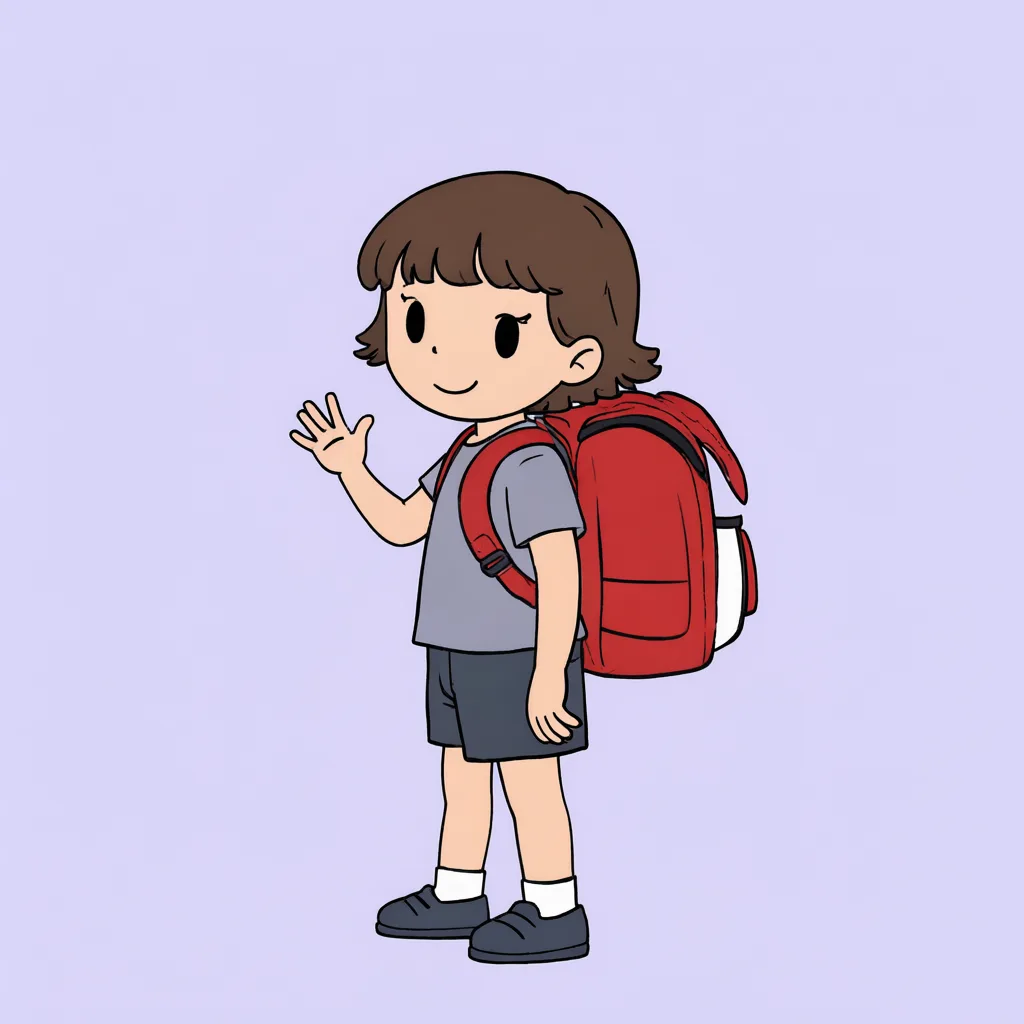 Cartoon girl with a red backpack waving (AI-generated)