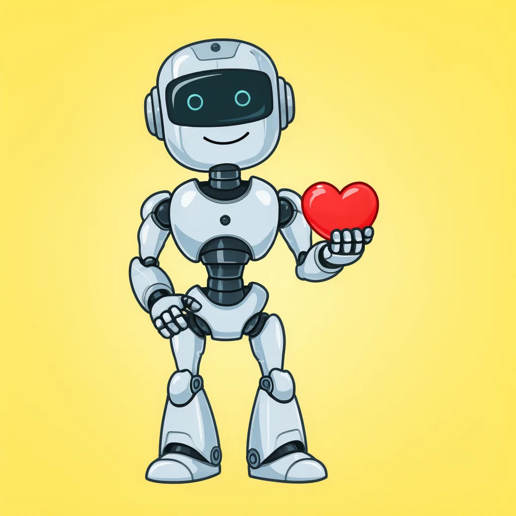 Friendly cartoon robot holding a heart (AI-generated)