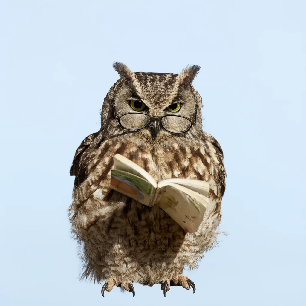 Cartoon owl with glasses reading a book (AI-generated)